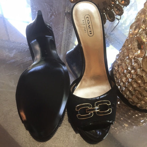 COACH Hazel Black Patent Gold CC Buckle Open Toe Logo Sandal Mules Slides NWOT 8 - Picture 4 of 6